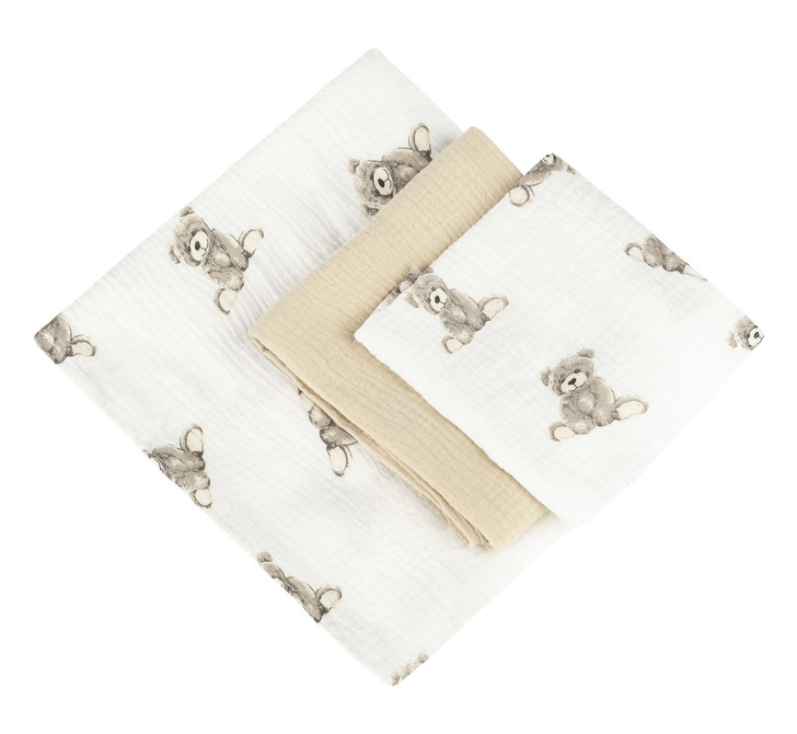 TRIO PIELUCH MUŚLIN KRESZOWANY 120X120, 70X60, 30X35 3 SZT TEDDY BEIGE
